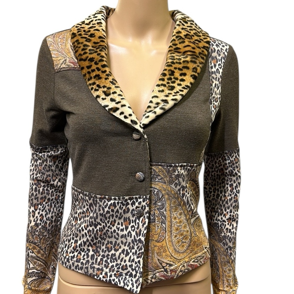 Casadei Mixed Media Vintage Leopard Paisley Lightweight Jacket Faux Fur Collar S